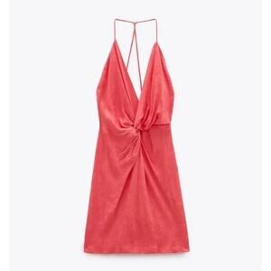 Zara Twist Knot Jacquard Slip Dress Size Small Coral Minimalist Resort Romantic